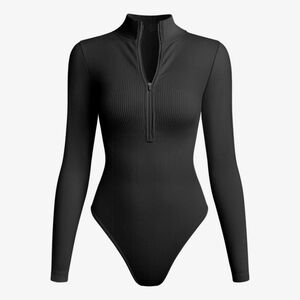 OQQ Women's Bodysuits Sexy Ribbed One Piece Zip Front Long Sleeve Tops